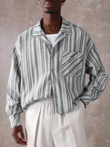 SUMWON Resort Shirt Striped Vacation Lounge Wear Button Down Camp Collar Cuban Style Weekend Casual Spring Summer Beach Retro - Black and White - View 5