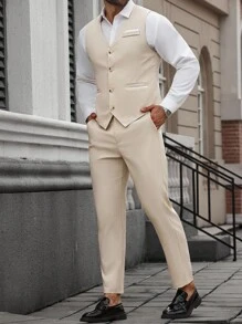 Manfinity Mode Men's Plus Size V-Neck Sleeveless Button Pull-Down Vest And Slim Fit Dress Pants Set - Apricot - View 5