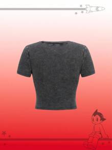 Astro Boy X ROMWE Back To School Women Rhinestone Decor Cartoon Figure Graphic Short Sleeve T-Shirt - Black - View 3