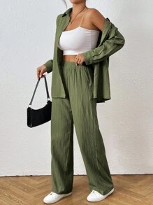 SHEIN PETITE Bộ 2 món áo sơ mi và quần trơn màu thường ngày dành cho nữ - xanh quân đội - Xem 3