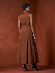 Zivah 2025秋冬新品，音乐节，毕业季，学院风，学生装，日常休闲，百搭百搭，休闲，沙滩，街头风，通勤优雅，翻领无袖长款系带风衣外套，棕色 - 棕色 - 查看 2