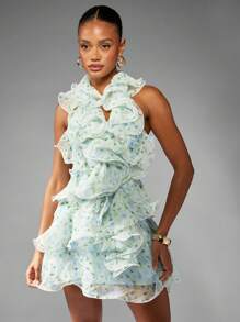 MISSGUIDED Floral Chiffon Mini Dress Ruffle Detail Halter Neck Spring Summer Wedding Guest Party Special Occasion Garden Tea Dress - Multicolor - View 5