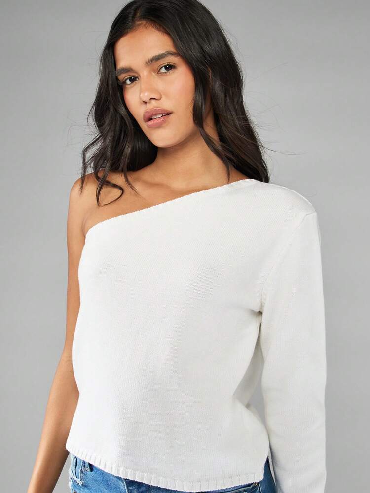 MISSGUIDED One Shoulder Long Sleeve Asymmetric Knit Top Pullover Evening Party Club Night Out Winter Holiday Elegant Casual Basic Fashion Contemporary Crop Sweater