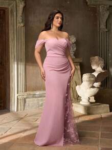 Aureia 大码秋季优雅浪漫莲花粉色编织露肩褶皱垂袖褶裥拼接网纱刺绣3D立体花朵假开衩设计微鱼尾下摆，适合晚宴、单身派对、约会、假日、舞会、音乐节、婚礼、伴娘礼服、情人节等场合。 - 藕粉色 - 查看 5