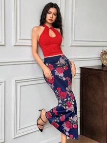 EastFlair 女式无袖镂空修身短款上衣和开衩下摆迷你裙两件套