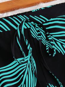 女式宽松直筒休闲裤，配色块花卉印花 - 綠色 - 查看 5