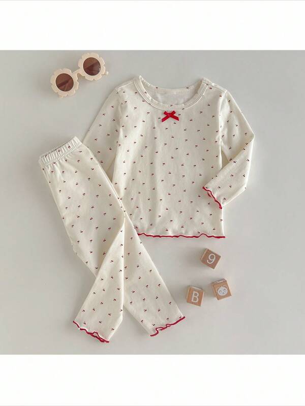 Loomiva Kleinkind Mädchen Lässiges Set aus Kirschprint Rüschen Saum Top & Hose