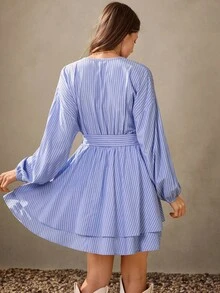 Wildy 秋季女装波西米亚风女装冬季连衣裙西装女装蓝色条纹连衣裙女式休闲通勤条纹长袖迷你连衣裙长袖连衣裙系带前裙灯笼袖连衣裙商务休闲连衣裙前系带连衣裙分层连衣裙女士教师服装，外出服装别致的秋季浪漫感觉 - 藍白色 - 查看 3
