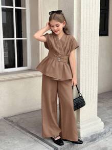SHEIN Stylish Khaki Belted Pants And V-Neck Batwing Sleeve Blouse For Casual Wear Teen Girl Brown Set Tween Girl Wide Leg Pants And Peplum Top Two Piece Set, Back To School Clothes Girls