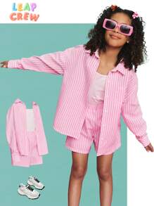 SHEIN 青少年女孩宽松休闲简约舒适条纹立领长袖衬衫度假装 - 粉色 - 查看 3