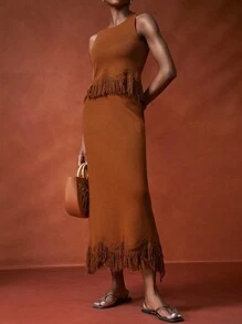 Zivah Bộ trang phục 2 món mới Xuân/Hè 2025: Áo crop top đan tua rua không tay và chân váy đan tua rua dài đến giữa, đa năng cho Lễ hội âm nhạc, Lễ Phục sinh, Ngày Thánh Patrick, Phong cách miền Tây, Du mục, Tiệc sinh nhật, Tốt nghiệp, Đại học, Trang phục hàng ngày, Thường ngày, Kỳ nghỉ, Du ngoạn, Bãi biển, Tắm nắng, Phong cách đường phố, Khách dự tiệc cưới - Cà phê nâu - Xem 1