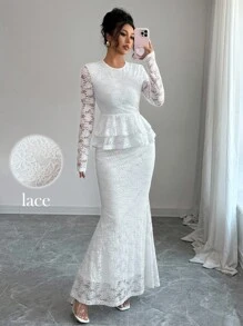 Elenzga 女士优雅秋季圆领长袖收腰 A 字纯色蕾丝网眼刺绣镂空花卉上衣和紧身美人鱼裙 2 件套，适合约会 - 白色 - 查看 3
