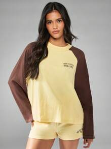 MISSGUIDED 大学风格长袖插肩棒球 T 恤，带数字印花，复古学院风上衣，双色基本款休闲休闲常规款田径队设计 - 黃色 - 查看 4
