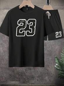 Manfinity Homme Herren Rundhals Oversized Kurzarm Numerisches Muster Lässig Sommer T-Shirt Set, Drop-Shoulder