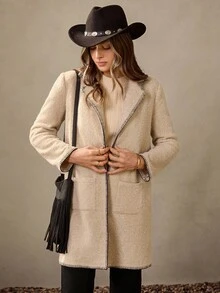 Wildy 秋季乡村风女士冬季商务休闲婚礼宾客中长款卡其色大衣，黑色撞色滚边，纯色简约长袖大衣，日常秋季女式长款外套，西部风格女装，外出办公休闲时尚秋季单品 - 駝色 - 查看 3