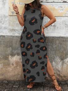 EMERY ROSE Plus Leopard Print Split Thigh Dress For Summer Vacation Maxi Women Outfit - Dark Grey - View 5