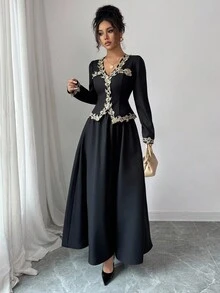 Elenzga 2-Piece Set For Women: V-Neck Long Sleeve Blouse With Contrast Ruffle Trim, Slim Fit; And Maxi Skirt, Elegant European Style, Suitable For Parties, Outings, Work, Music Festivals And More Occasions, Spring/Autumn Fall Cloth For Women - Black - View 3