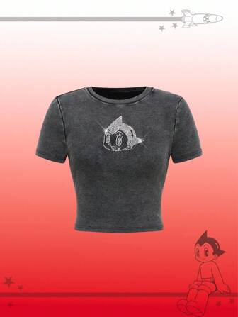 Astro Boy X ROMWE Camiseta de manga corta para mujer con figura de dibujo animado decorada con rhinestones