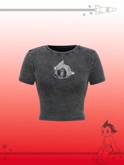 Astro Boy X ROMWE Back To School Women Rhinestone Decor Cartoon Figure Graphic Short Sleeve T-Shirt