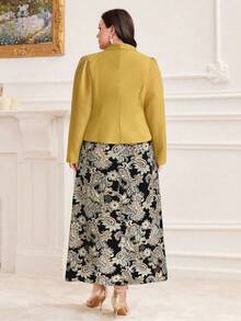 Modelyn Plus Size Notch Lapel Blazer And Paisley Print Cami Dress 2pcs/Set 2 Pieces Set - Yellow - View 2