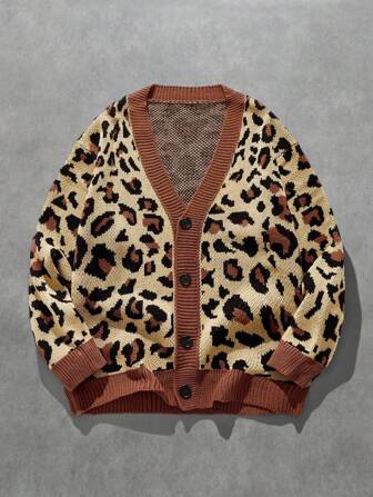 Street Life Cárdigan suelto de punto con cuello en V y estampado de leopardo de hombros caídos y abotonadura sencilla para hombre, otoño e invierno