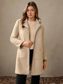 Wildy 秋季乡村风女士冬季商务休闲婚礼宾客中长款卡其色大衣，黑色撞色滚边，纯色简约长袖大衣，日常秋季女式长款外套，西部风格女装，外出办公休闲时尚秋季单品 - 駝色 - 查看 2