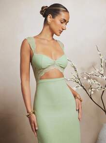 L'Amorae Elegant Lace Mesh Cut Out Sleeveless Maxi Dress