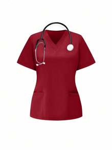 TaskEZ 女式V领纯色短袖口袋松紧腰手术服套装 - 紅色 - 查看 4