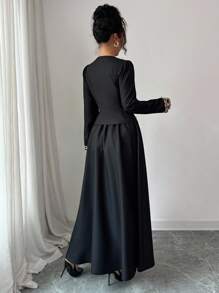 Elenzga 2-Piece Set For Women: V-Neck Long Sleeve Blouse With Contrast Ruffle Trim, Slim Fit; And Maxi Skirt, Elegant European Style, Suitable For Parties, Outings, Work, Music Festivals And More Occasions, Spring/Autumn Fall Cloth For Women - Black - View 2