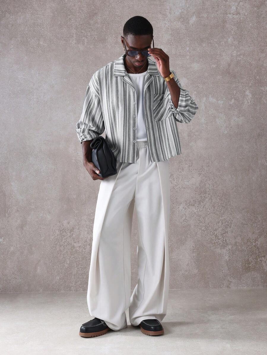 SUMWON Resort Shirt Striped Vacation Lounge Wear Button Down Camp Collar Cuban Style Weekend Casual Spring Summer Beach Retro - Black and White - View 1