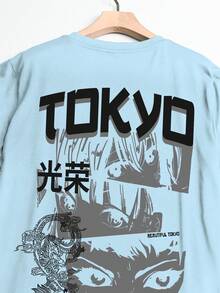 Manfinity LEGND Plus Size Men's Casual Anime Character & Slogan Print T-Shirt, Summer - Baby Blue - View 6