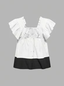 SHEIN 2 piezas Conjunto de Maternidad: Top casual con mangas con volantes y pantalones de unicolor con cordón - Negro - Ver 9