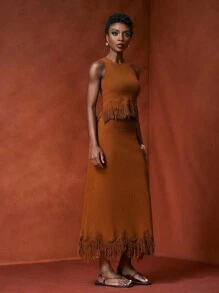 Zivah Bộ trang phục 2 món mới Xuân/Hè 2025: Áo crop top đan tua rua không tay và chân váy đan tua rua dài đến giữa, đa năng cho Lễ hội âm nhạc, Lễ Phục sinh, Ngày Thánh Patrick, Phong cách miền Tây, Du mục, Tiệc sinh nhật, Tốt nghiệp, Đại học, Trang phục hàng ngày, Thường ngày, Kỳ nghỉ, Du ngoạn, Bãi biển, Tắm nắng, Phong cách đường phố, Khách dự tiệc cưới - Cà phê nâu - Xem 4