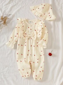 SHEIN 2件套女婴春/秋季樱花印花休闲时尚可爱连体衣+帽子套装 - 杏色 - 查看 7