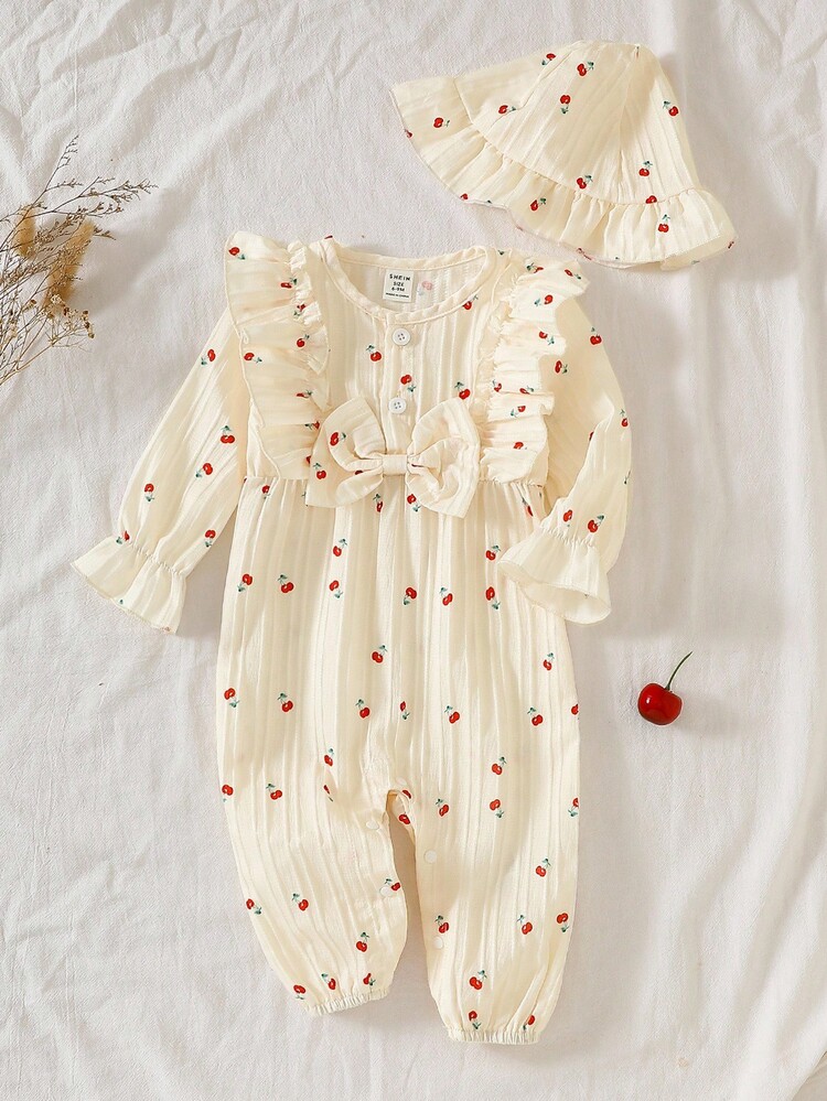 SHEIN طقم ملابس للبنات الرضع يتكون من جمبسوت كاجوال مطبوعة بنقشة الكرز مع قبعة، مناسب للربيع/الخريف، 2 قطعة - لون مشمشي - مشاهدة 7