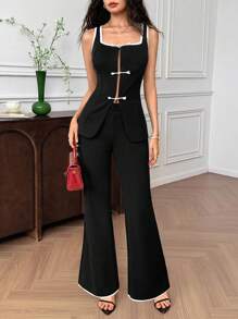 EastFlair 2pcs Women Contrast Trim Sleeveless Single-Breasted Top And Wide Leg Pants Set