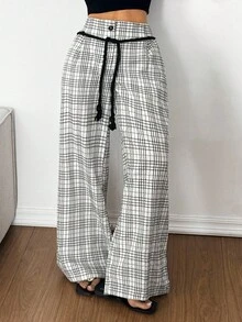 SHEIN EZwear 2025新款时尚女式休闲宽松格子阔腿基本款裤子外出教师女士返校节冬季秋季女士返校节2000年代风格街头服饰Y2K - 彩色 - 查看 8