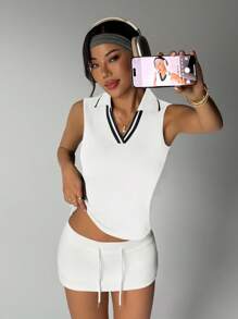 Easithlete Women's Sleeveless Contrast Collar Sports Polo Shirt, Summer - White - View 6