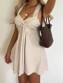 CovetEZ Vestido casual con cuello de corbata y espalda descubierta color albaricoque para mujer - Albaricoque - Ver 4