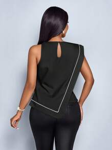 SOLERSUN Women's Commuting Draped Collar Contrasting Black Stripe Linen Asymmetrical Hem Blouse - Black - View 2