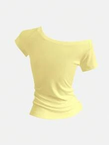 SHEIN Sweetro Women's Summer Slim Fit Asymmetrical Shoulder T-Shirt, Cocktail Orange Italian Beach VENETO Basic Off Shoulder Top Tee - Yellow - View 2