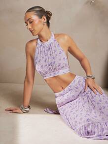 L'Amorae 女士紫色花卉印花优雅半身裙 - 淡紫色 - 查看 6