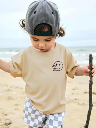 SHEIN Playful Pals Toddler Boys' Smiling Face Print Crew Neck Short Sleeve Basic T-Shirt, Summer