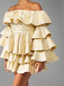 MISSGUIDED Off Shoulder Ruffle Mini Dress Jacquard Brocade Special Occasion Wedding Guest Puff Sleeve Tiered Layered Party Holiday Celebration Reception Glamorous Statement Dress - Multicolor - View 4