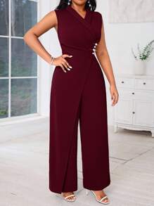 SHEIN Lady 加大码女式蓝色无袖阔腿连体裤，交叉领口和珍珠装饰，演唱会女装，女式连体裤，四季款 - 酒紅色 - 查看 2