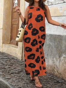 Breezaya Plus Leopard Print Split Thigh Dress For Summer Vacation Maxi Women Outfit - Orange - View 4