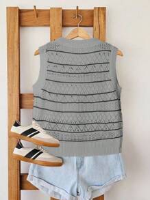 Breezaya 女款撞色条纹无袖镂空针织上衣 - 淺灰色 - 查看 2