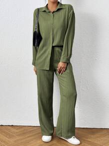 SHEIN PETITE Bộ 2 món áo sơ mi và quần trơn màu thường ngày dành cho nữ - xanh quân đội - Xem 4