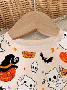 SHEIN 万圣节女婴休闲简约南瓜、幽灵、心形、骷髅、蝙蝠图案圆领套头衫，适合秋冬万圣节 - 彩色 - 查看 4