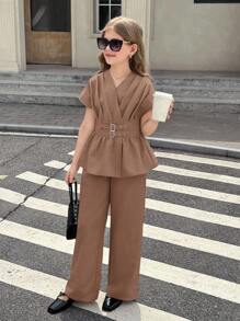 SHEIN Stylish Khaki Belted Pants And V-Neck Batwing Sleeve Blouse For Casual Wear Teen Girl Brown Set Tween Girl Wide Leg Pants And Peplum Top Two Piece Set, Back To School Clothes Girls